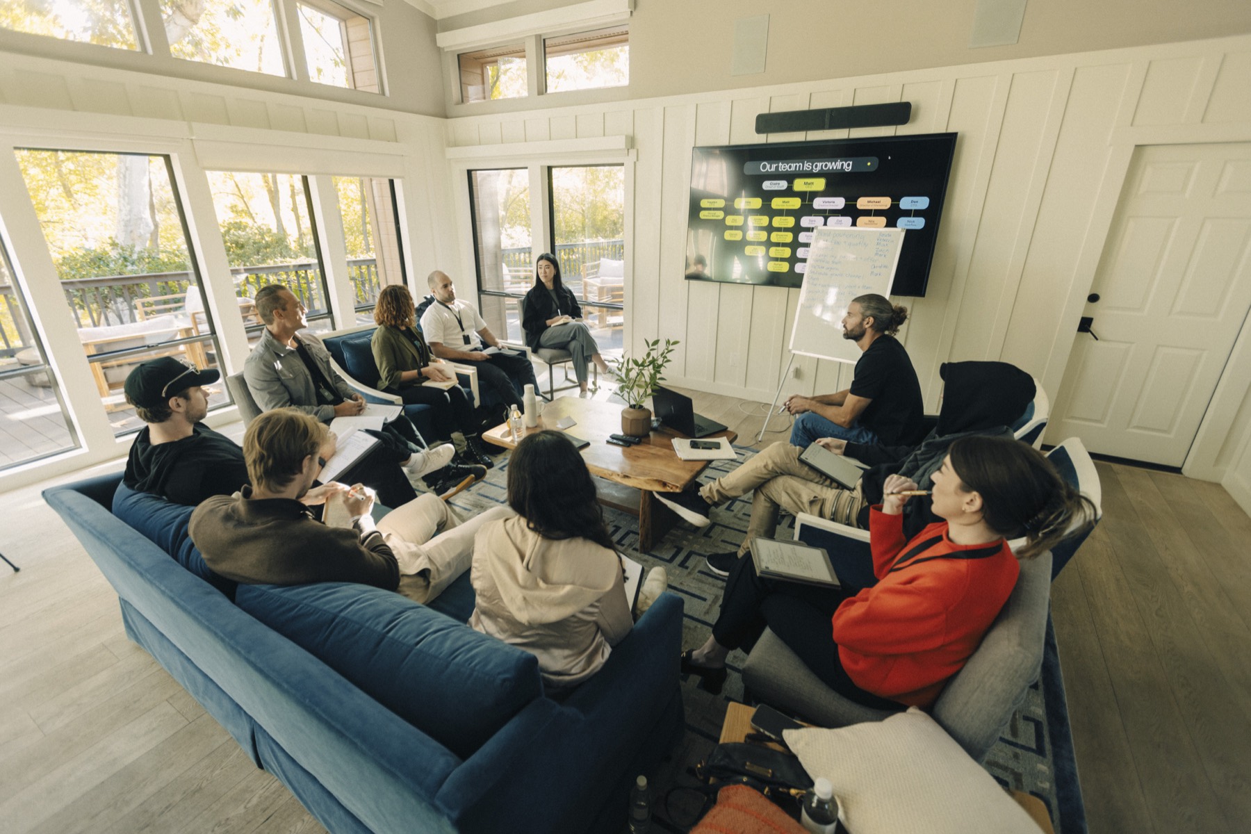 Founders gathered for a working session in a lodge
